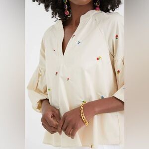 Hyacinth Tan Embroidered Blooms Blouse size L